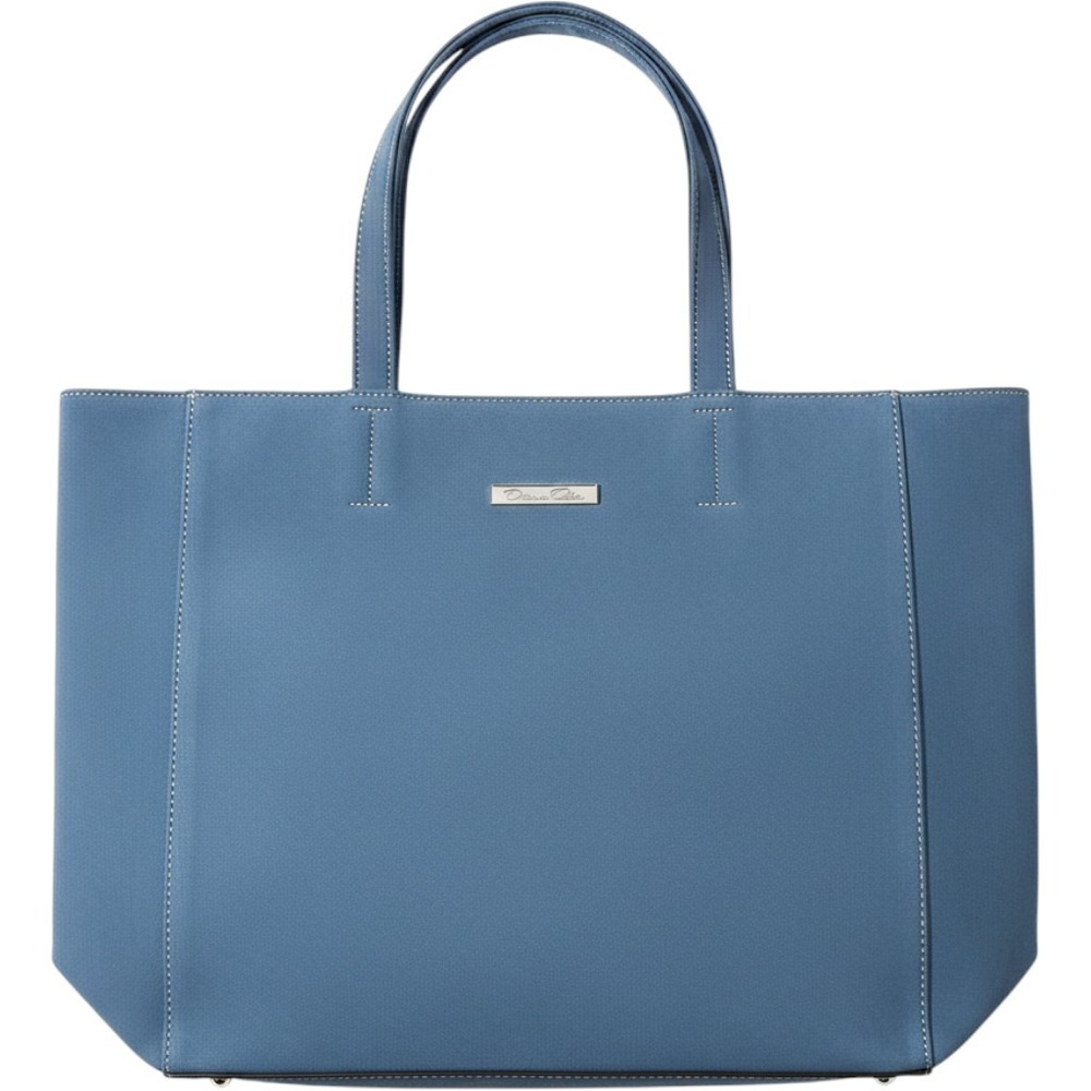 Oscar de la Renta Slate Blue Faux Suede Large Tote Bag Gold Logo Plate Accent